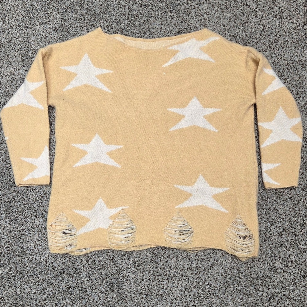 Star Print Distressed Sweater Trendy Pullover Casual‎ Knit Top Size XL